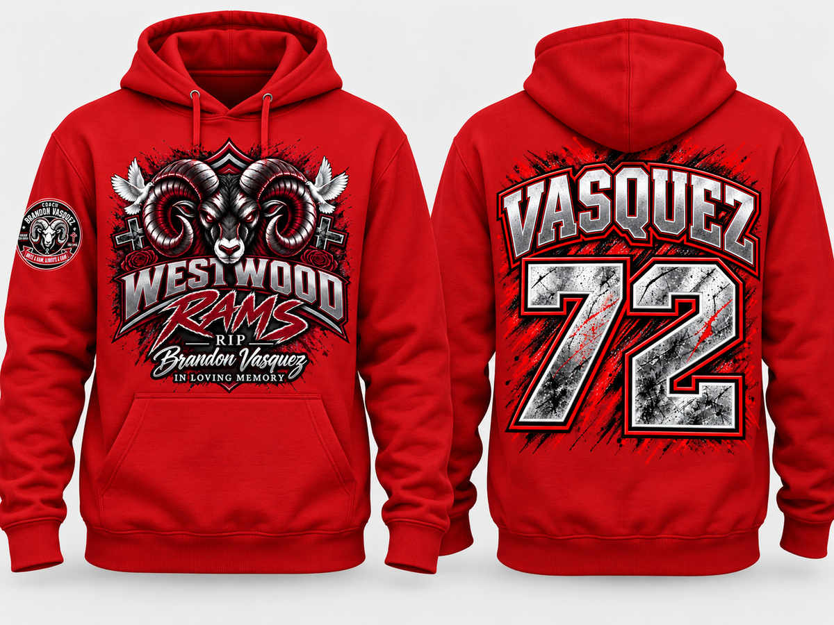 Front and back of red Brandon Vasquez memorial Westwood Rams hoodie with Vasquez 72 on the back