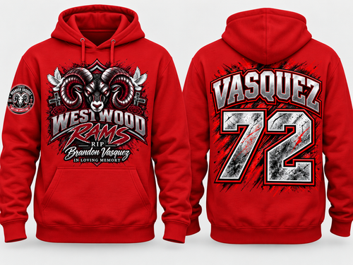 Front and back of red Brandon Vasquez memorial Westwood Rams hoodie with Vasquez 72 on the back